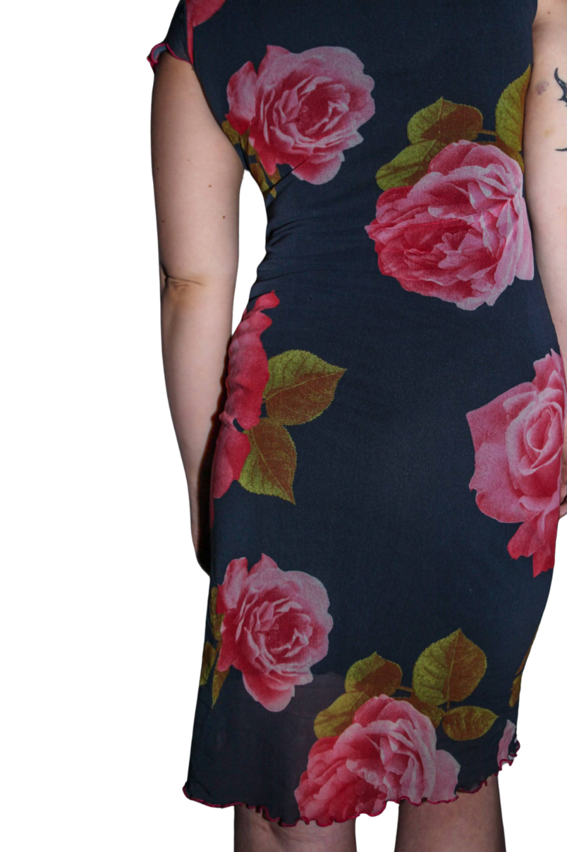Grey Mesh Midi Dress with Pink Roses and Lettuce Hem