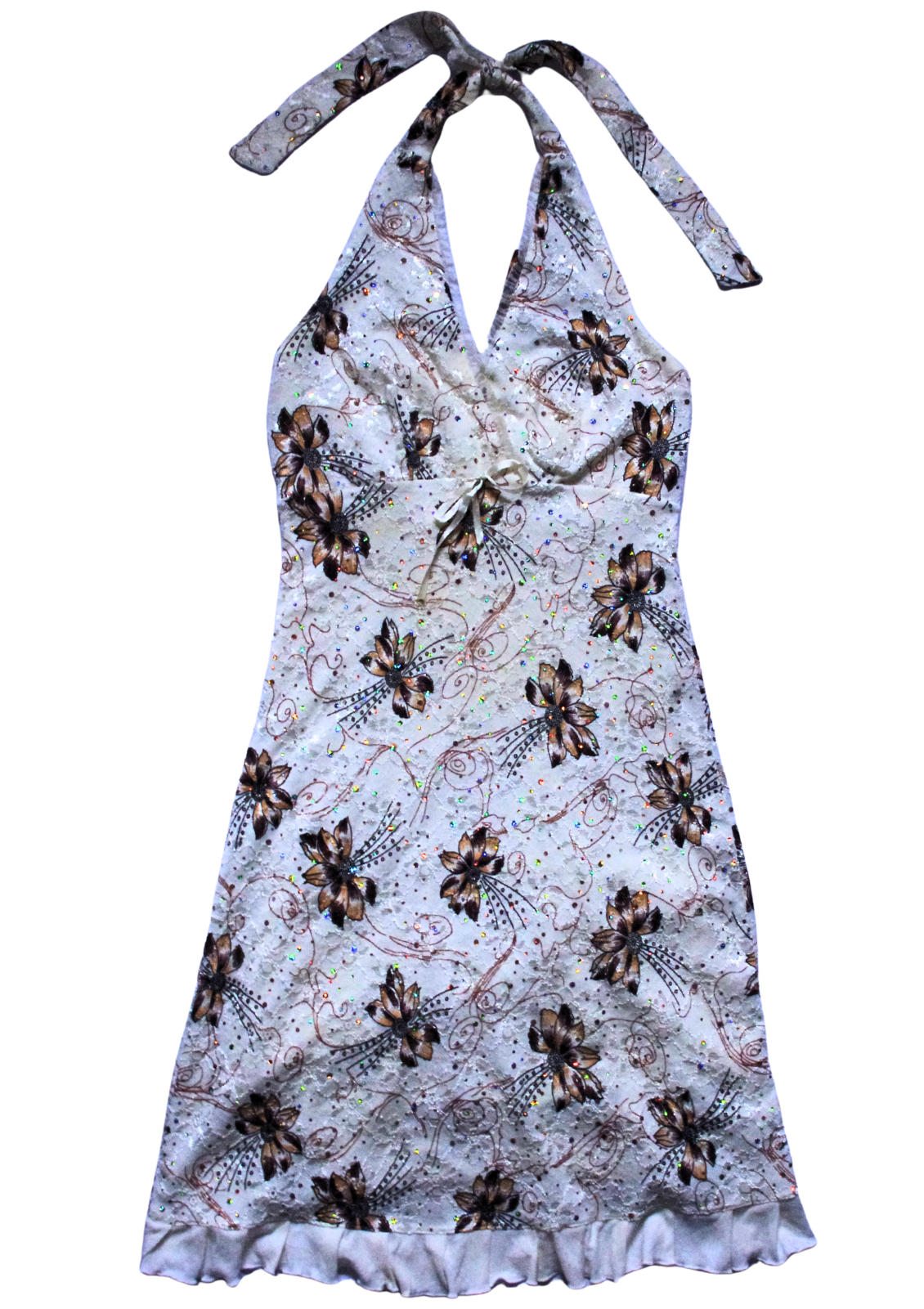 White Halterneck Floral Sparkly Dress with Lace Overlay