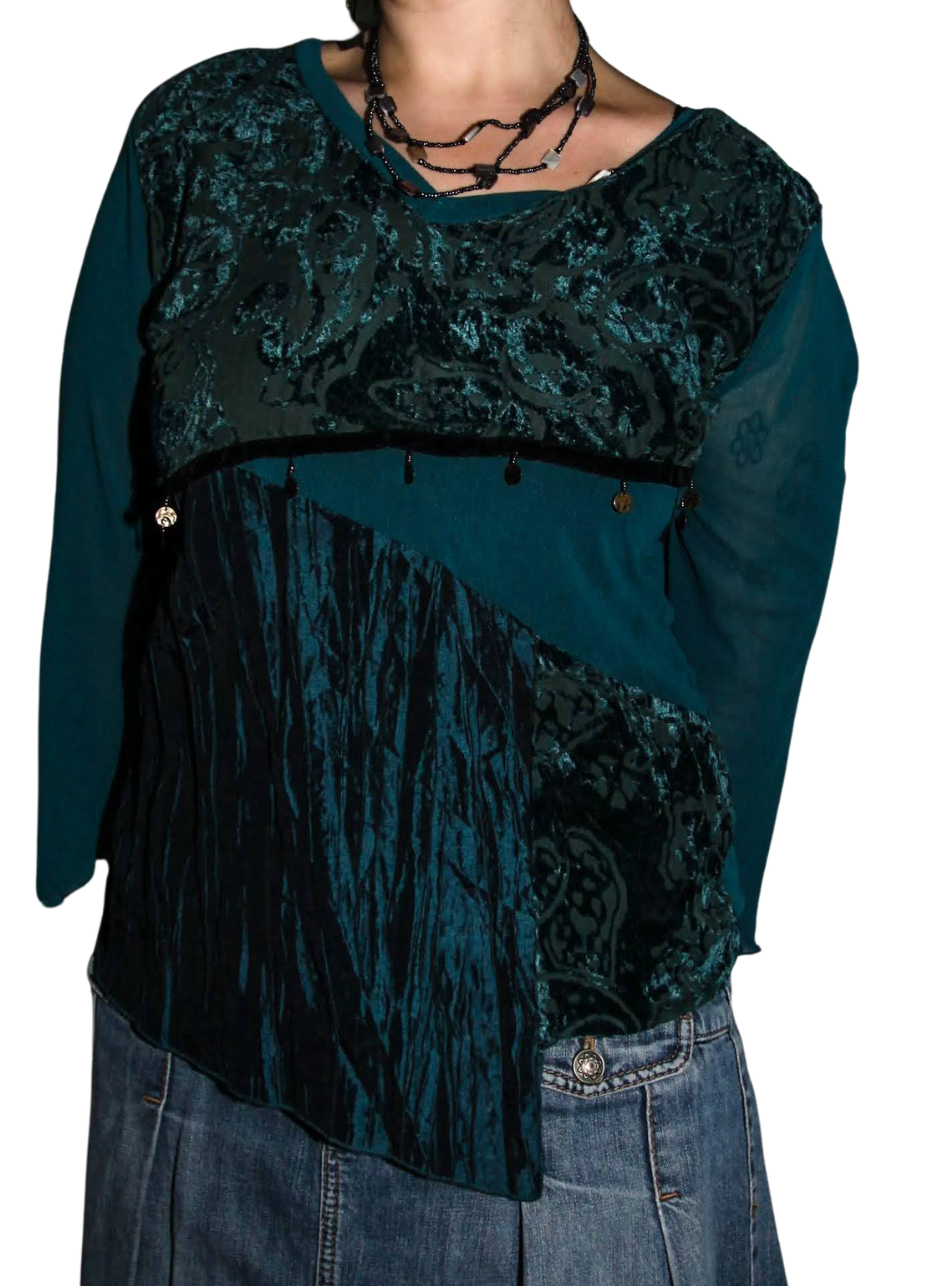 Teal Hippie Patchwork velvet flared sleeve top