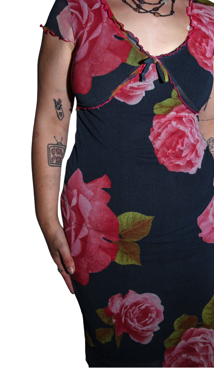Grey Mesh Midi Dress with Pink Roses and Lettuce Hem