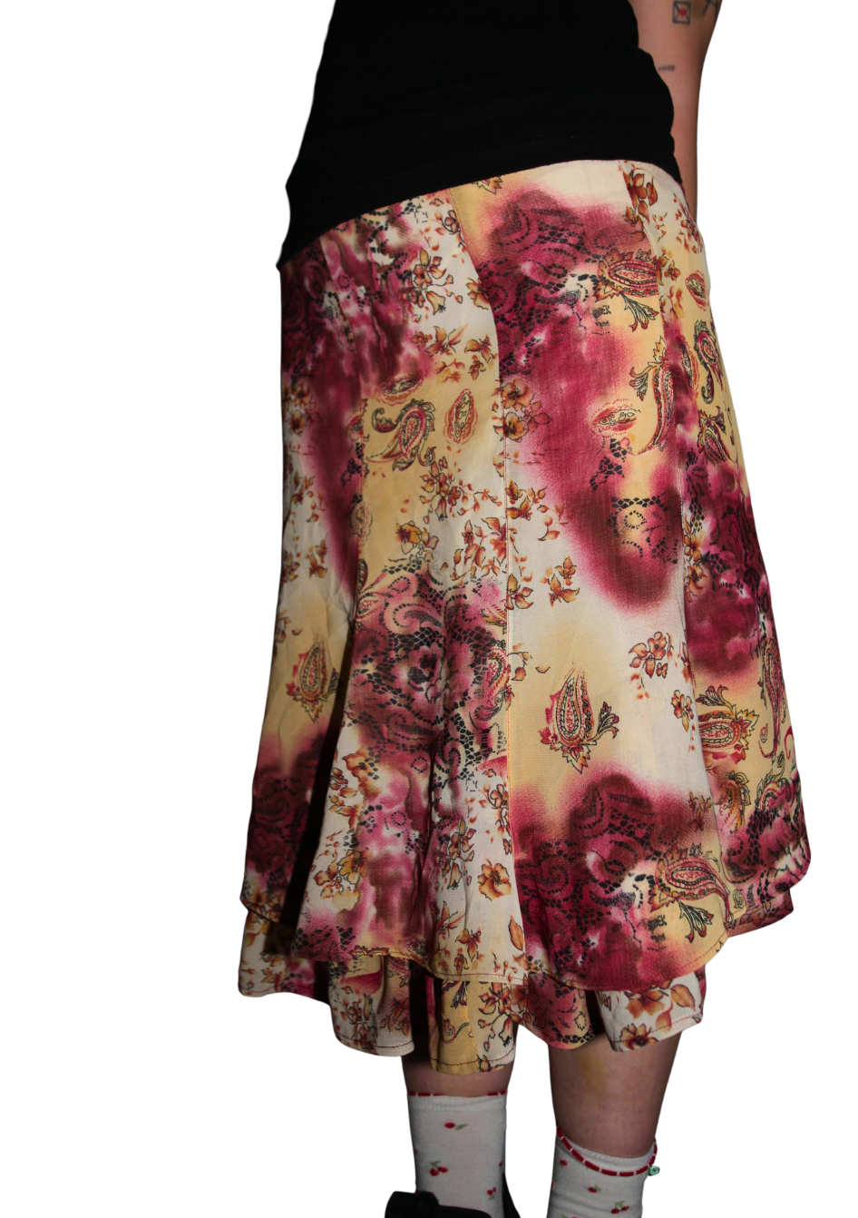 Dark Pink and Beige Floral 90s layered Midi Layered Flow Skirt